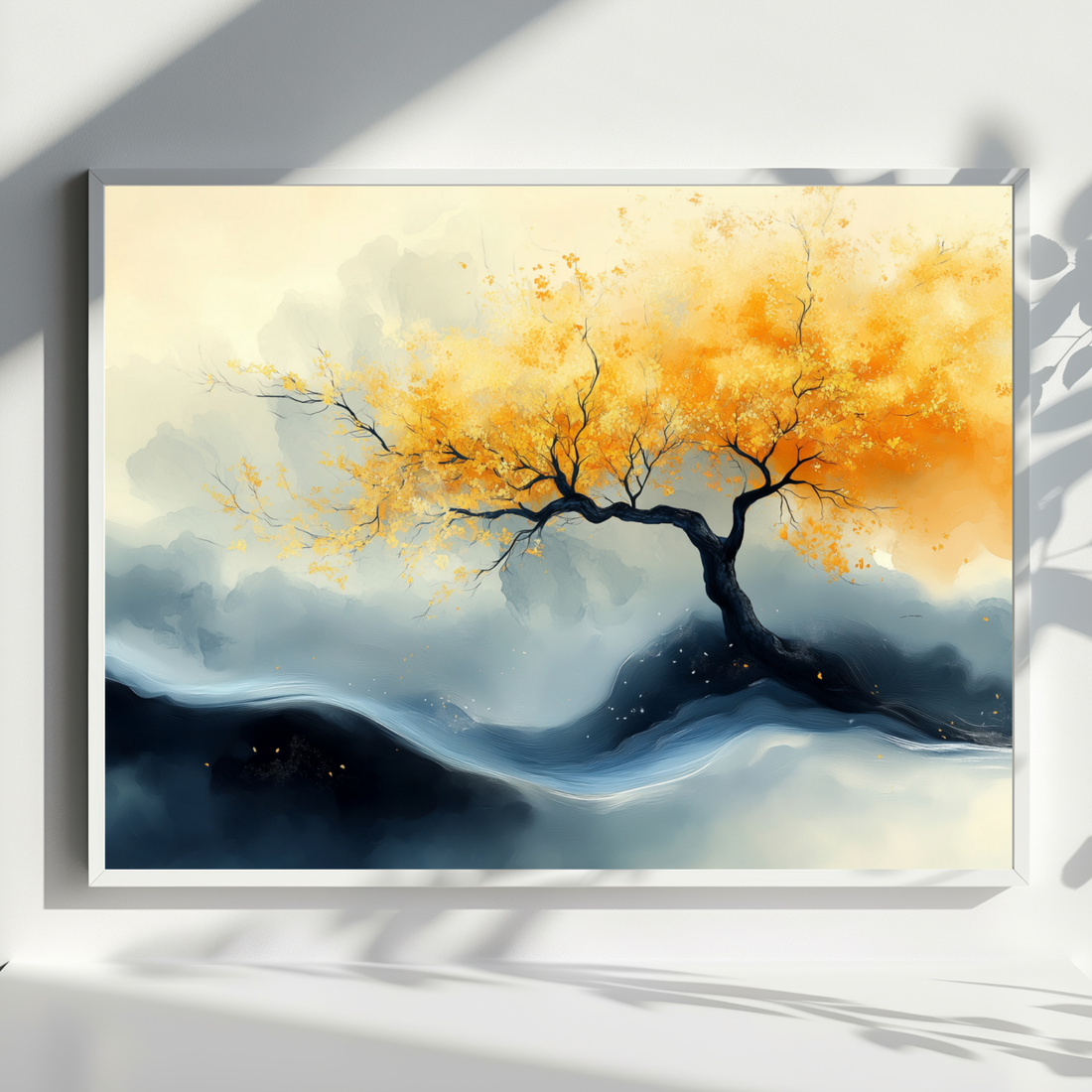 Golden Serenity, Twisted Tree Silhouette Against Misty Mountain Landscape. High Resolution Digital Download 300 DPI