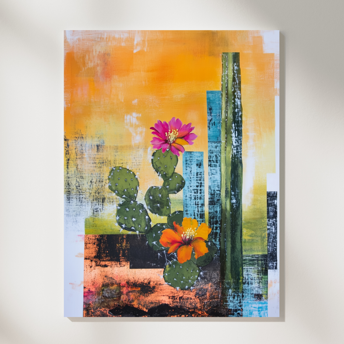 Desert Bloom Oasis, Cactus Flowers Rock Formation Green Orange Wall Art. High Resolution Digital Download 300 DPI.
