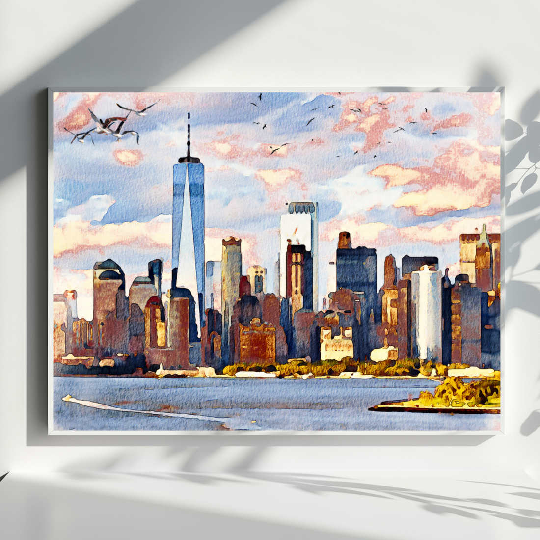 Vibrant Urban Oasis, Modern Cityscape Wall Art with Serene Ferry Scene. High Resolution Digital Download 300 DPI.