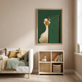 Goose print above a kids bed and shelf