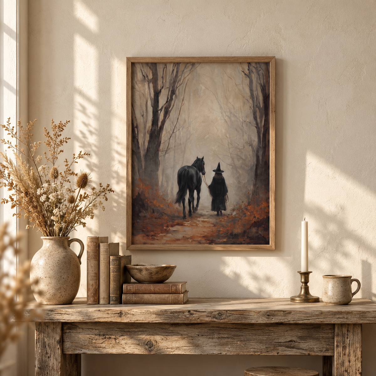 Witch and black horse art above a rustic table