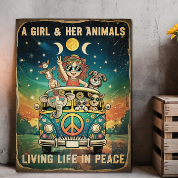 Retro Hippie Van Poster with Girl and Animals in Peaceful Style. High Resolution Digital Download 300 DPI.