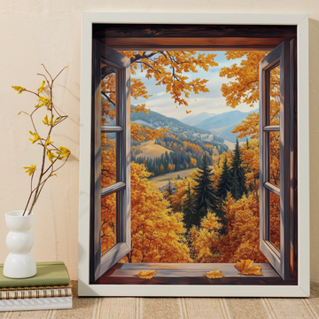 Cozy Autumn Vista, Rustic Cottage Window Fall Landscape Wall Art. High Resolution Digital Download 300 DPI.