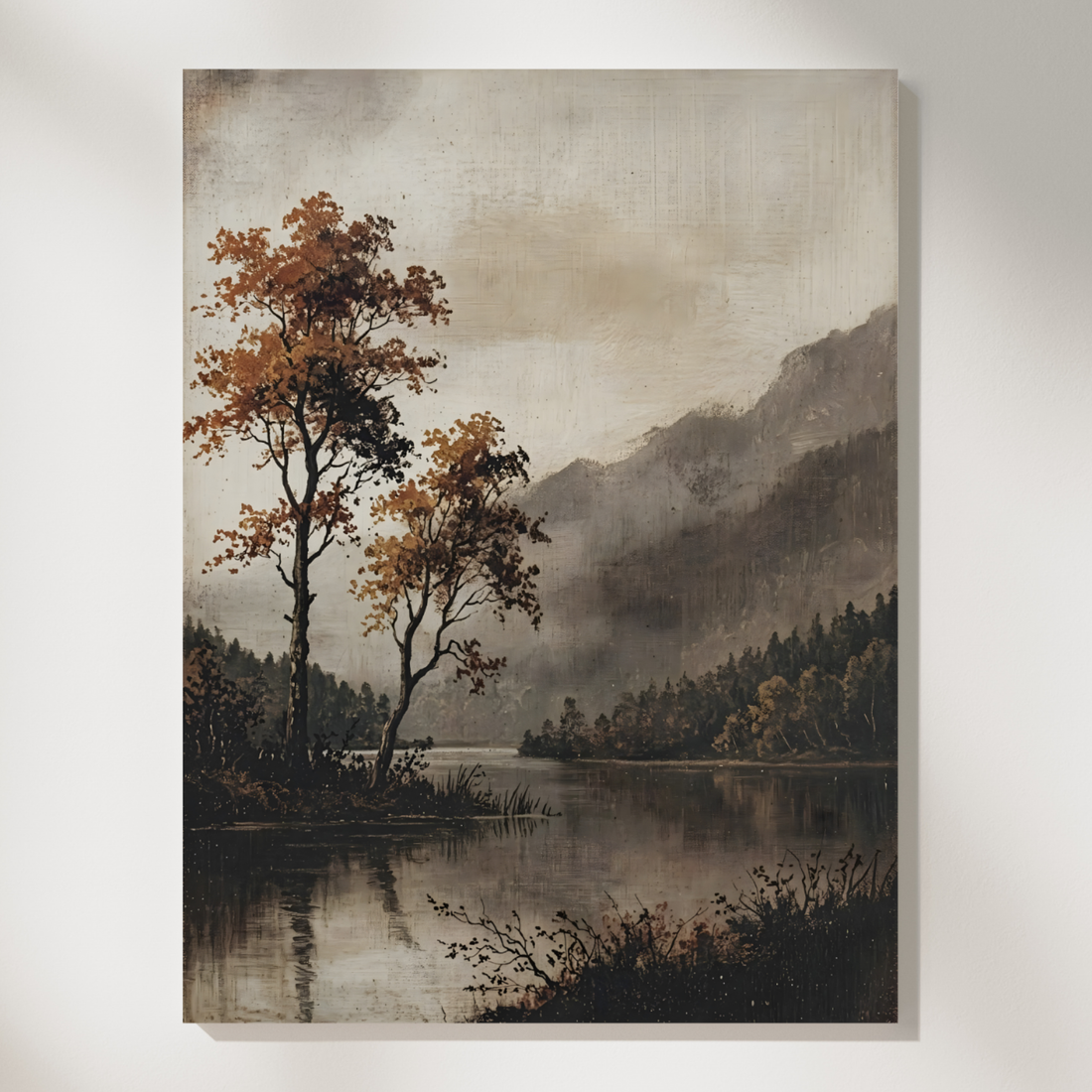 Moody vintage painting of tall dark pines beside misty mountains and a pale lake in gray tones