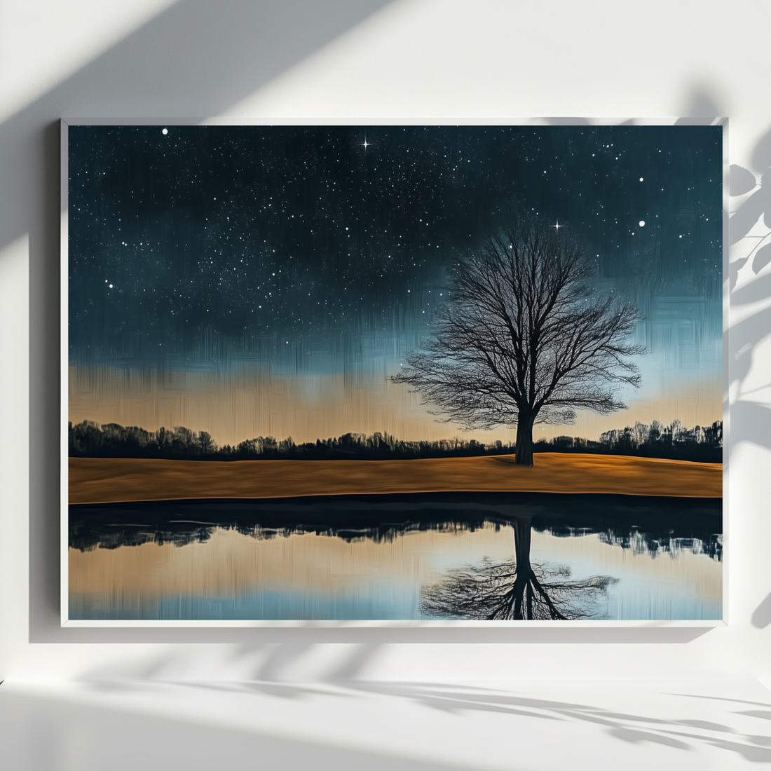 Starry Night Reflection, Bare Tree Silhouette Lake Landscape Art . High Resolution Digital Download 300 DPI.