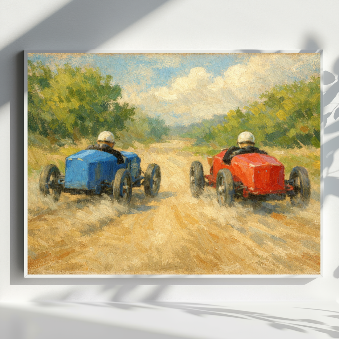 Vintage Blue and Red Race Cars Oil Painting Nursery Wall Art. High Resolution Digital Download 300 DPI.