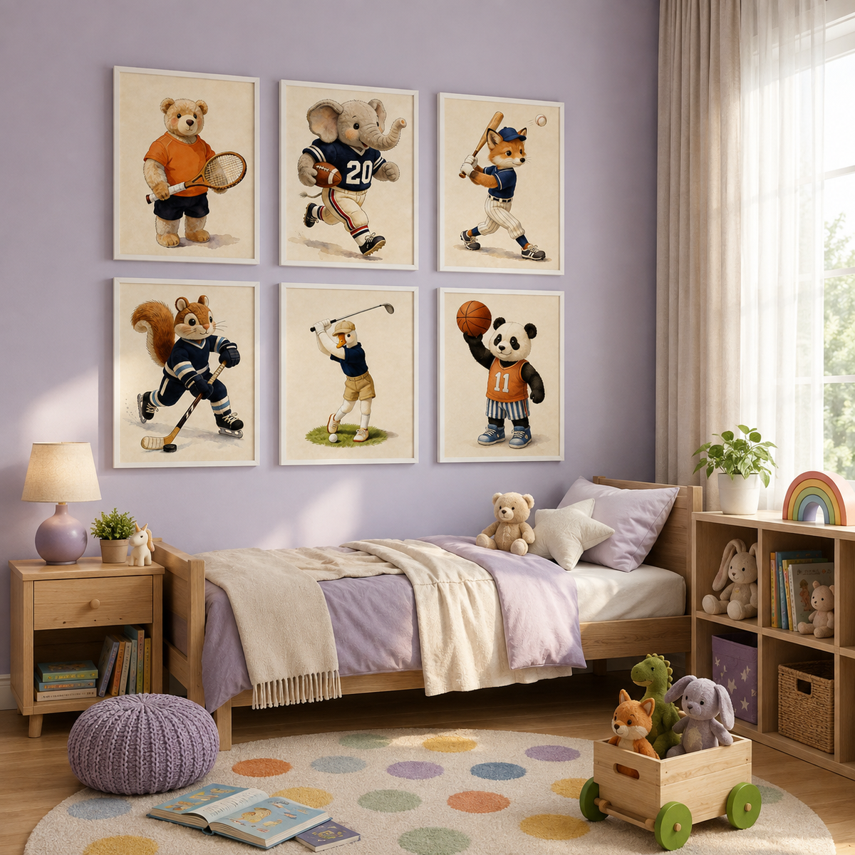 Sports animal prints above a kids daybed