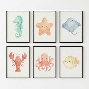 Cute Ocean Animals Nursery Wall Art Set Scandinavian Watercolor Kids Decor. High Resolution Digital Download 300 DPI.