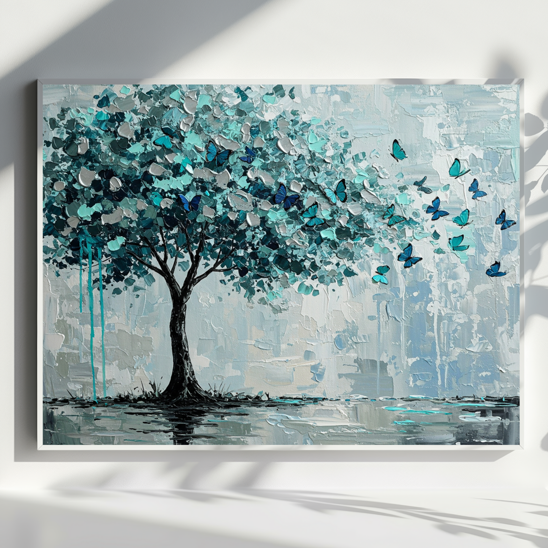 Turquoise Tree Art with Blue Butterflies Impressionist Nature Painting. High Resolution Digital Download 300 DPI.