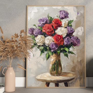 Vibrant Floral Impasto, Purple and White Roses on Intimate Side Table. High Resolution Digital Download 300 DPI