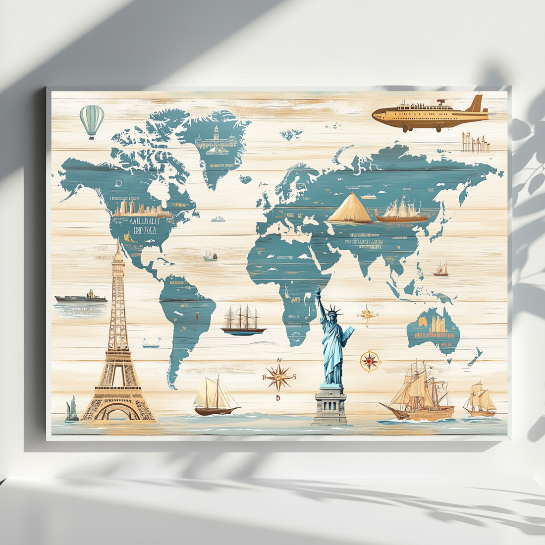 Pastel World Landmarks Map Art, Wanderlust Wooden Travel Wall Art. High Resolution Digital Download 300 DPI.