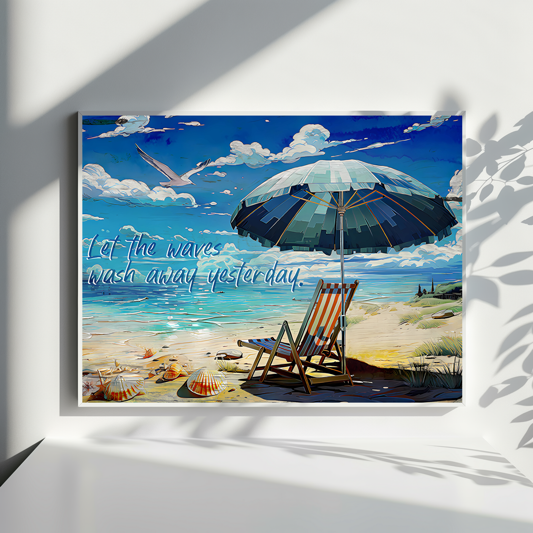 Coastal Beach Scene Painting with Relaxing Umbrella Chair and Inspiring Quote. High Resolution Digital Download 300 DPI.