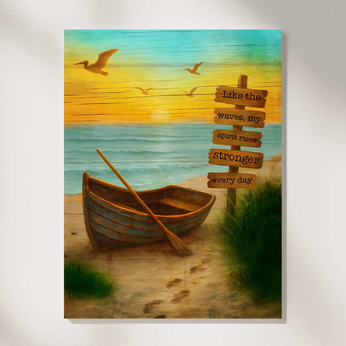Vintage Rowboat Sunset Art with Inspirational Coastal Quote Illustration. High Resolution Digital Download 300 DPI.