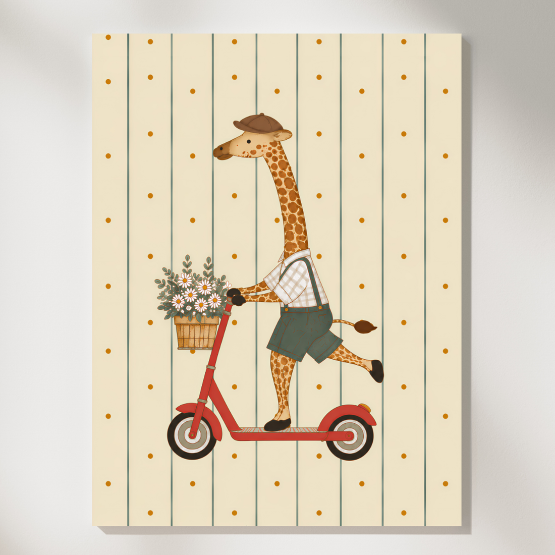 Set of three vintage nursery prints of a giraffe riding a scooter, a bicycle and holding a flower on striped cream paper