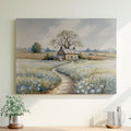 Soft watercolor of a stone cottage under a large tree with a winding path through blue and white wildflowers