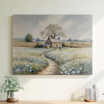 Soft watercolor of a stone cottage under a large tree with a winding path through blue and white wildflowers