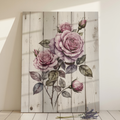 Oil painting of pink and mauve roses with green leaves on weathered whitewashed wooden boards