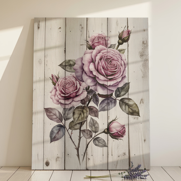 Oil painting of pink and mauve roses with green leaves on weathered whitewashed wooden boards
