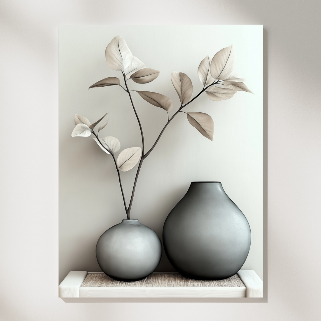 Minimalist Ceramic Elegance, Delicate Branches and Soft Gray Vases in Harmony. High Resolution Digital Download 300 DPI