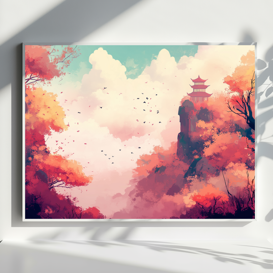 Autumn Serenity, Japanese Pagoda Amidst Vibrant Foliage and Soaring Birds. High Resolution Digital Download 300 DPI