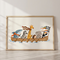 Nursery art of a giraffe, zebra, raccoon and other animals sailing together in a wooden rowboat with a flag