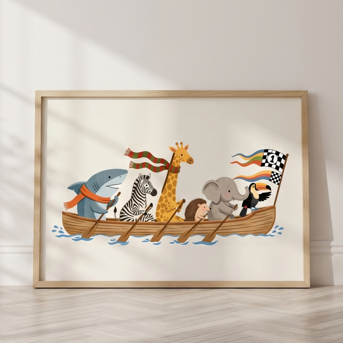 Nursery art of a giraffe, zebra, raccoon and other animals sailing together in a wooden rowboat with a flag