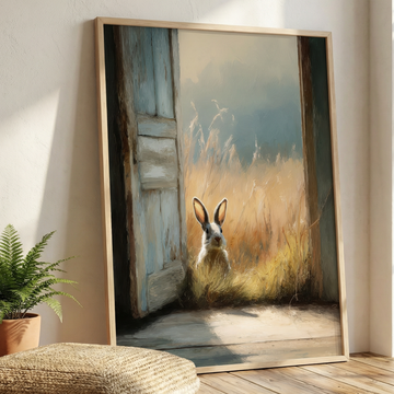 Rustic Wooden Doorway with Gentle Light and Hidden Rabbit Scene. High Resolution Digital Download 300 DPI.