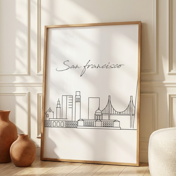 Iconic San Francisco Skyline, Minimalist Black and White Line Art Print. High Resolution Digital Download 300 DPI.