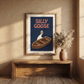 Goose rowboat art above a low console