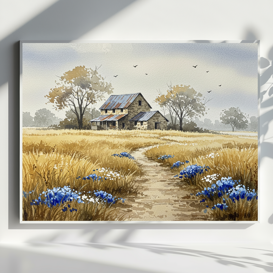 Rustic Watercolor Farmhouse Landscape with Path, Wildflowers, and Autumn Trees. High Resolution Digital Download 300 DPI.
