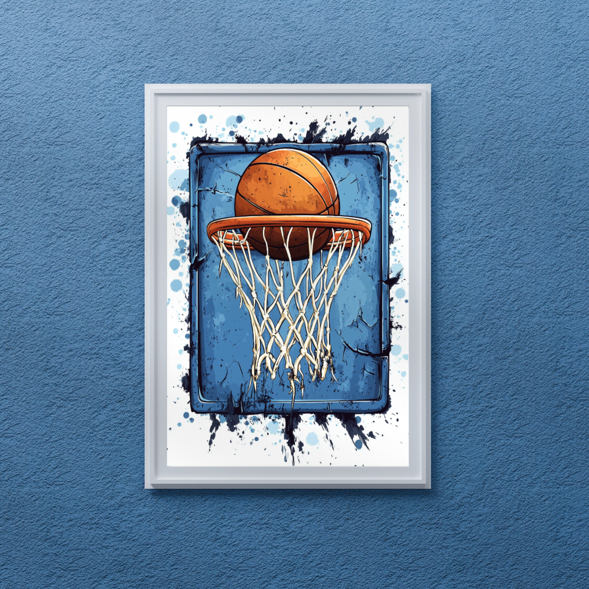 Slam Dunk Sensation: Dynamic Basketball Soaring Through Net on Blue Canvas. High Resolution Digital Download 300 DPI