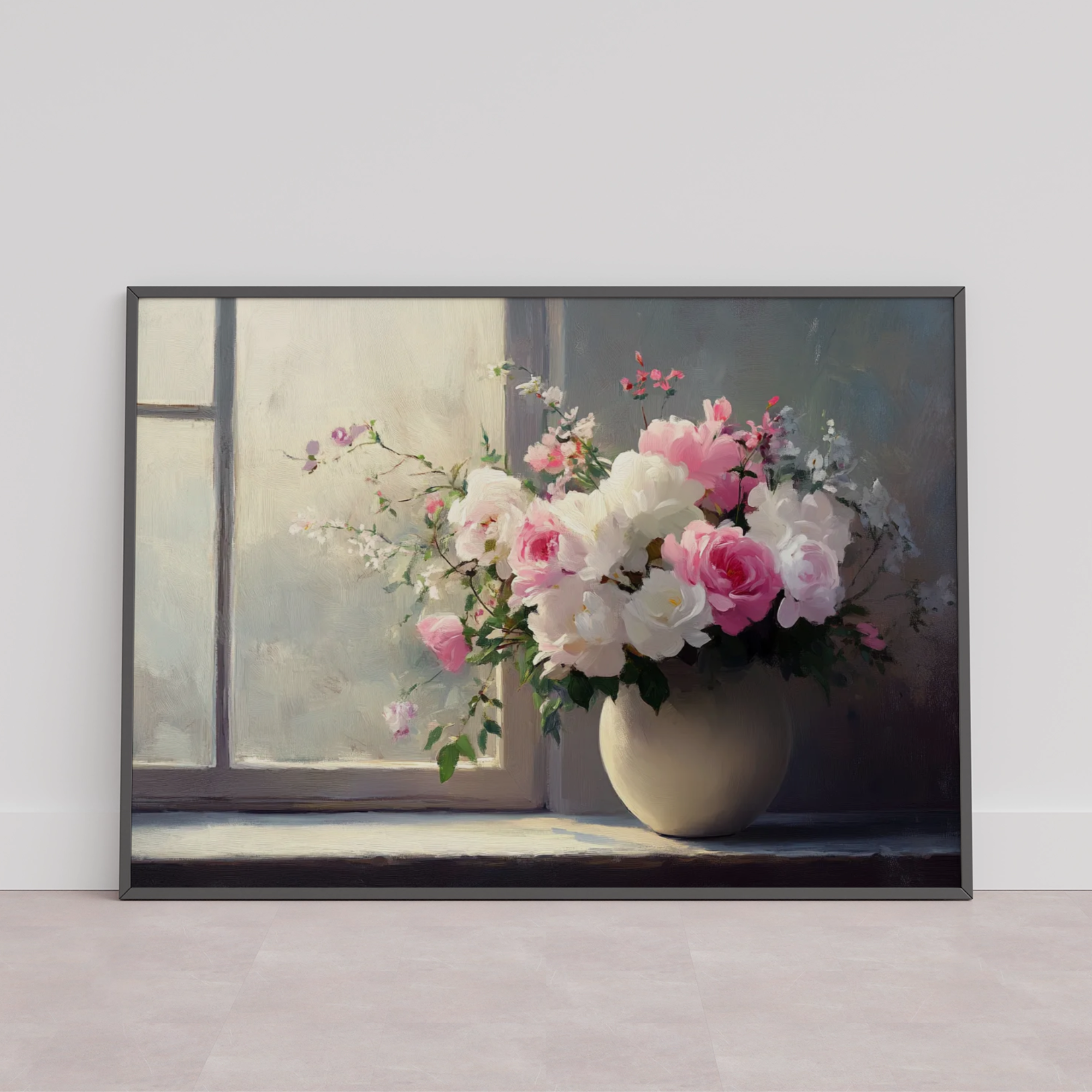 Soft Floral Elegance: Pink and White Roses Illuminated by Gentle Window Light. High Resolution Digital Download 300 DPI