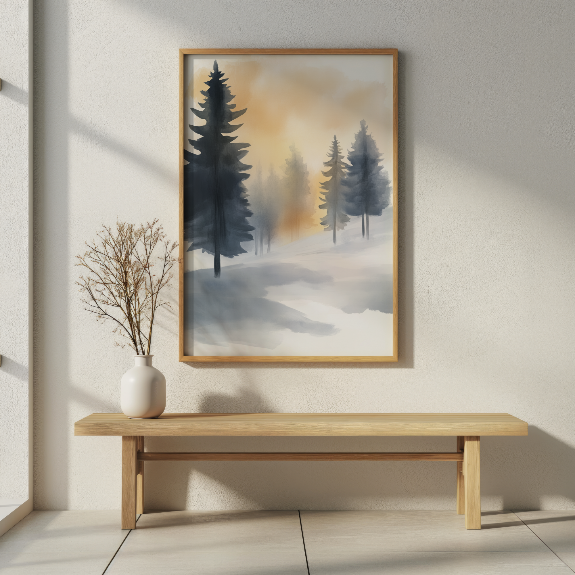 Winter Pine Forest Wall Art. Moonlit Digital Illustration. High Resolution Digital Download 300 DPI.