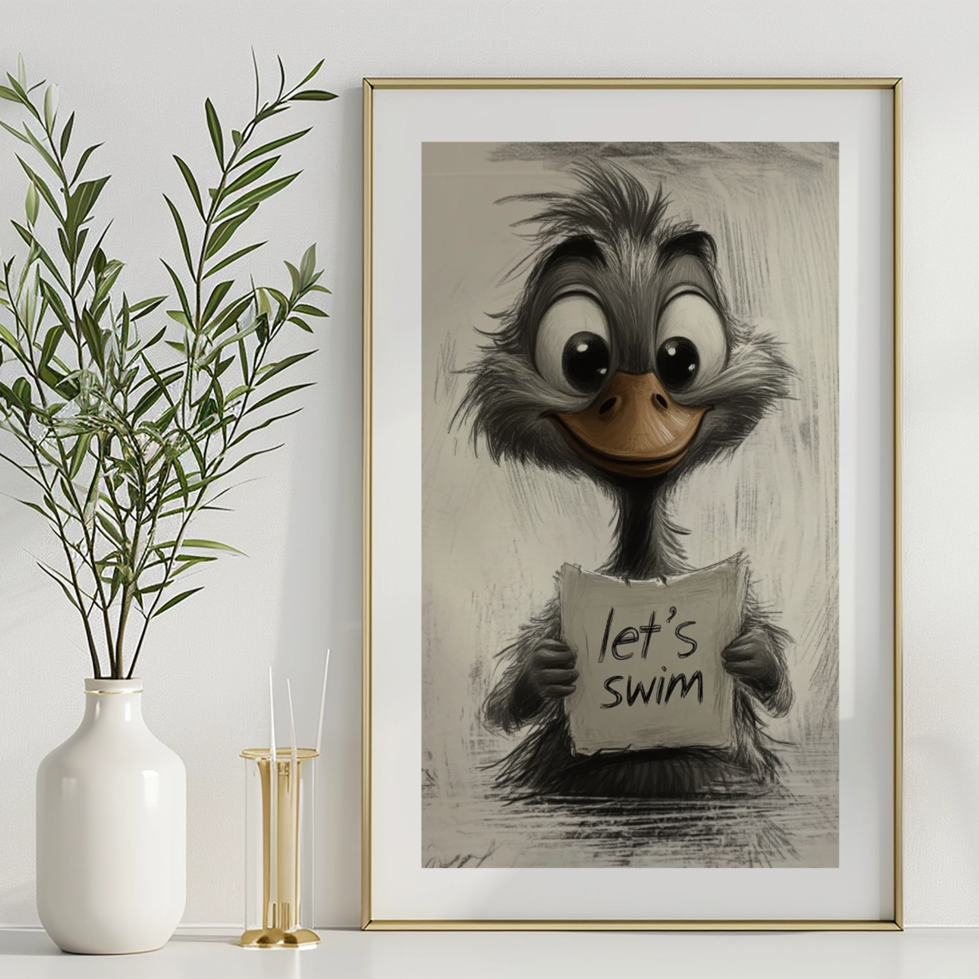 Whimsical Goose Adventure: Charcoal Sketch Storytelling with Playful Nautical Charm. High Resolution Digital Download 300 DPI