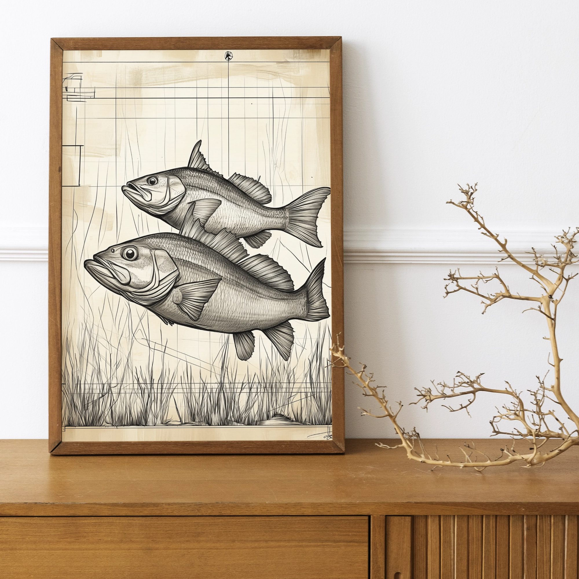 Dynamic Duo: Larger and Smaller Fish Swimming in Grid-Patterned Water. High Resolution Digital Download 300 DPI
