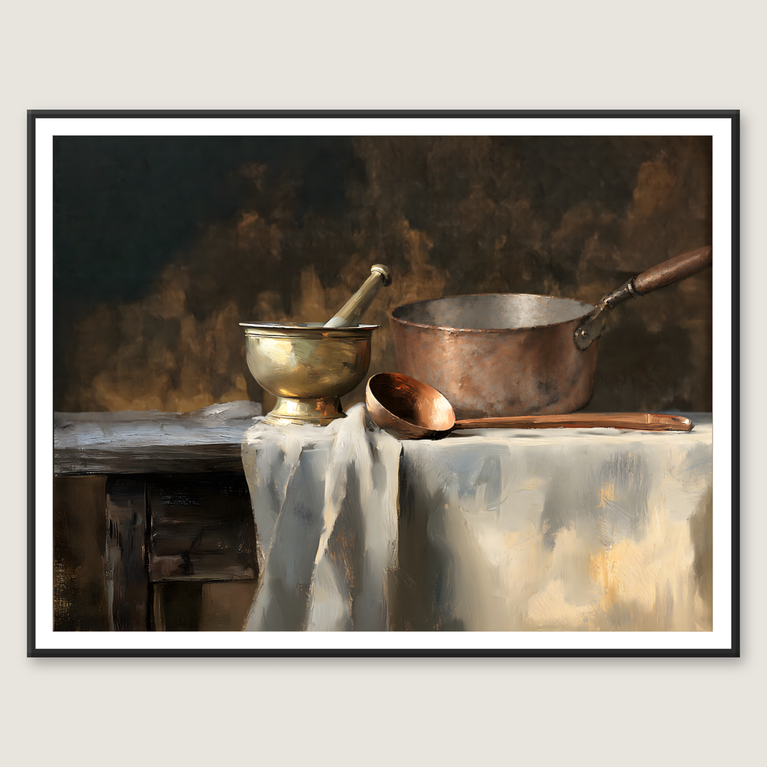 Vintage kitchen still life oil painting of antique copper pots, a pitcher and cloth on a dark shelf