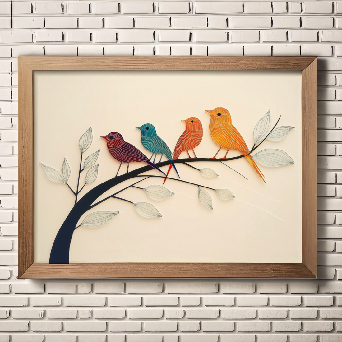 Whimsical Wall Art, Black Metal Tree Limb with Colorful Sea Glass Birds on Ivory Backdrop. High Resolution Digital Download 300 DPI