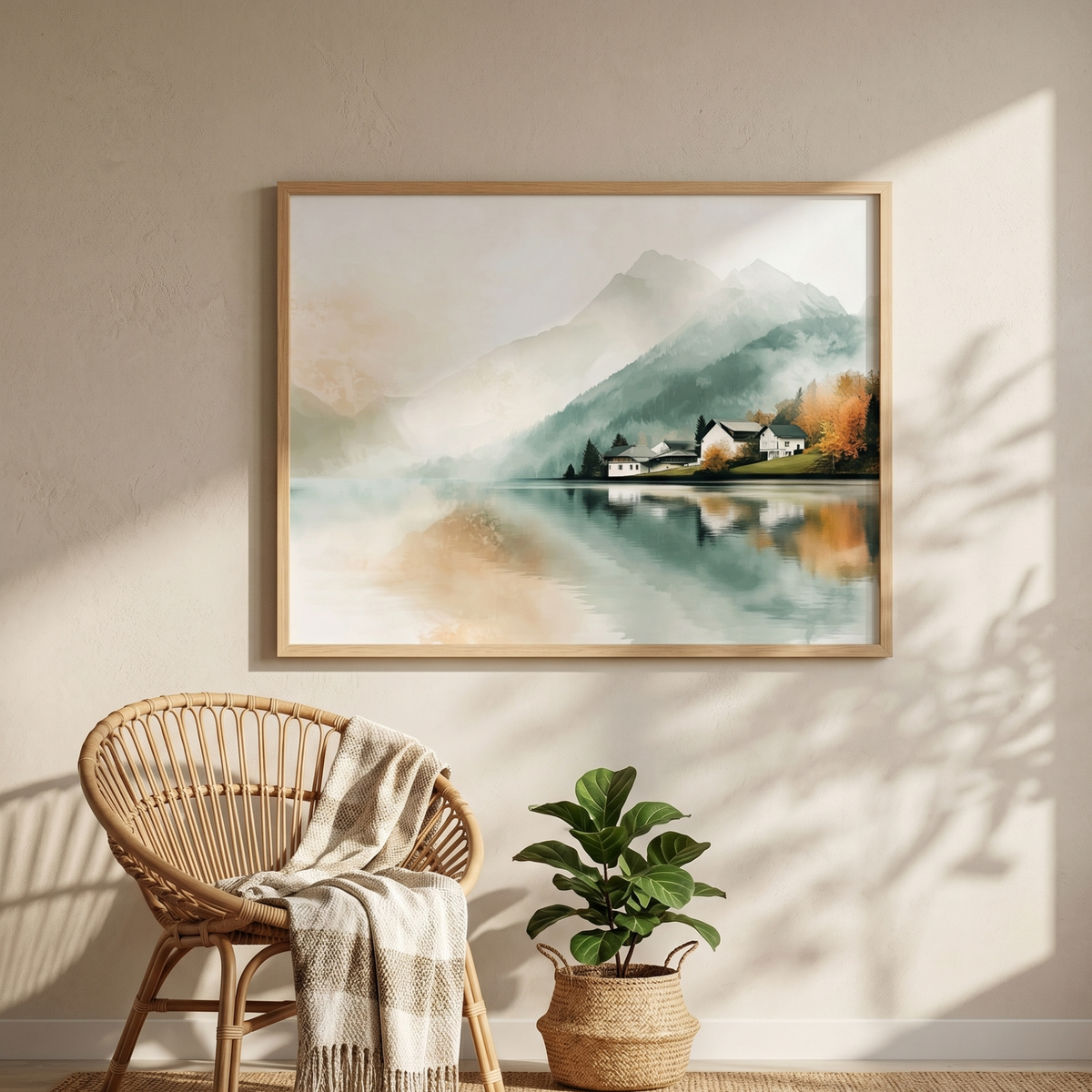 Autumn reflection art above a rattan chair