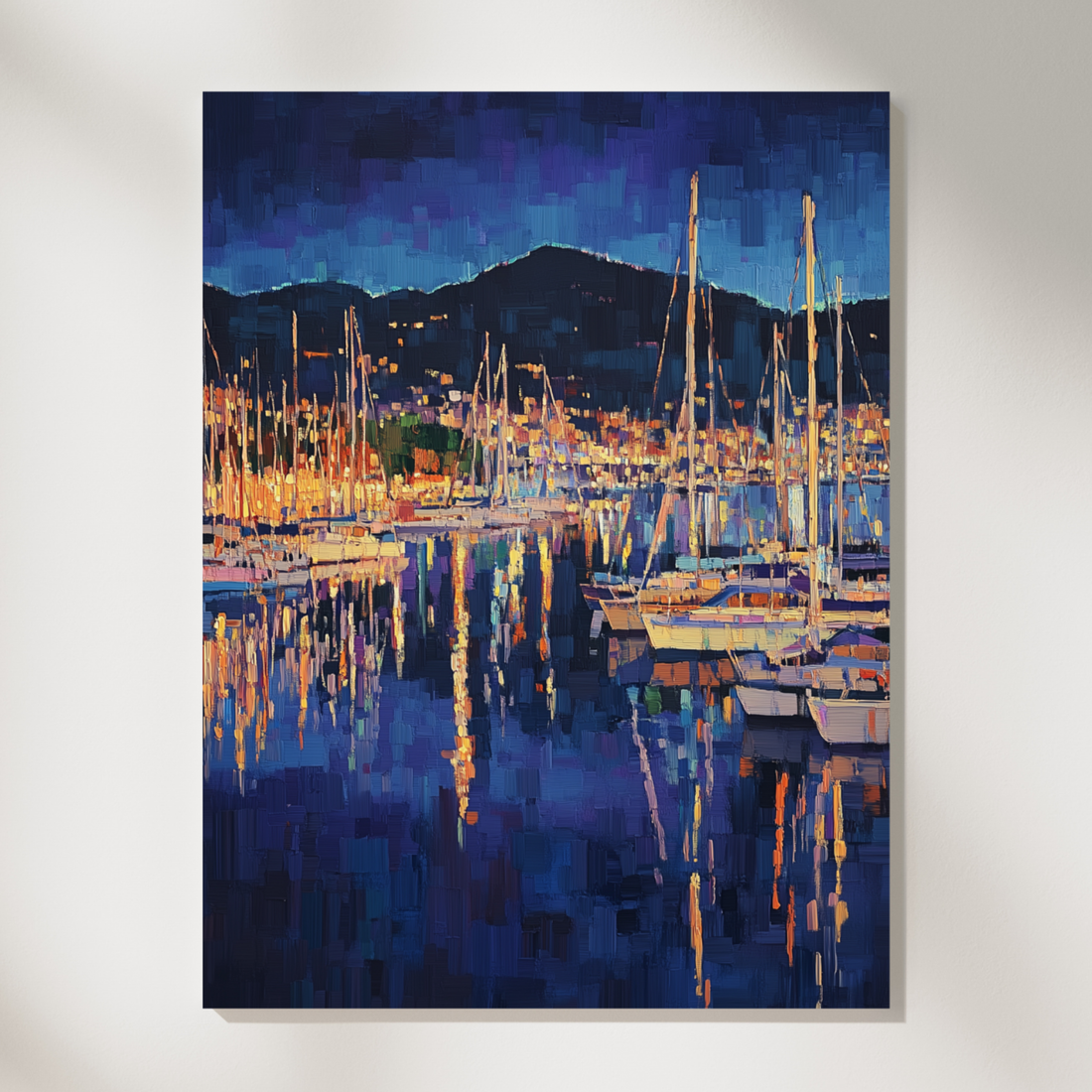 Pixelated Marina Night Oil Painting, Yacht Harbor Wall Art Decor. High Resolution Digital Download 300 DPI.