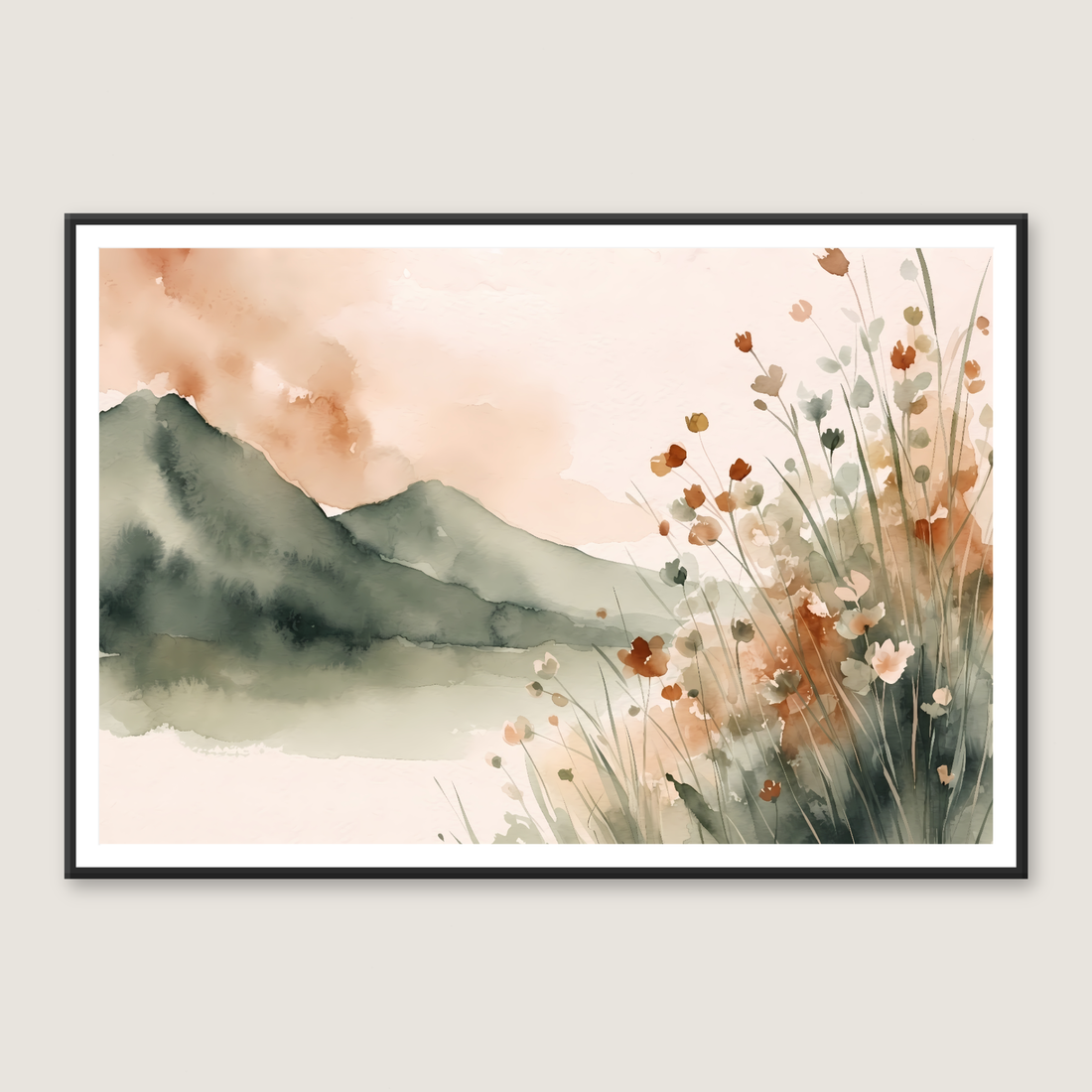 Watercolor landscape of soft green and peach mountains with orange and pink wildflowers in the foreground