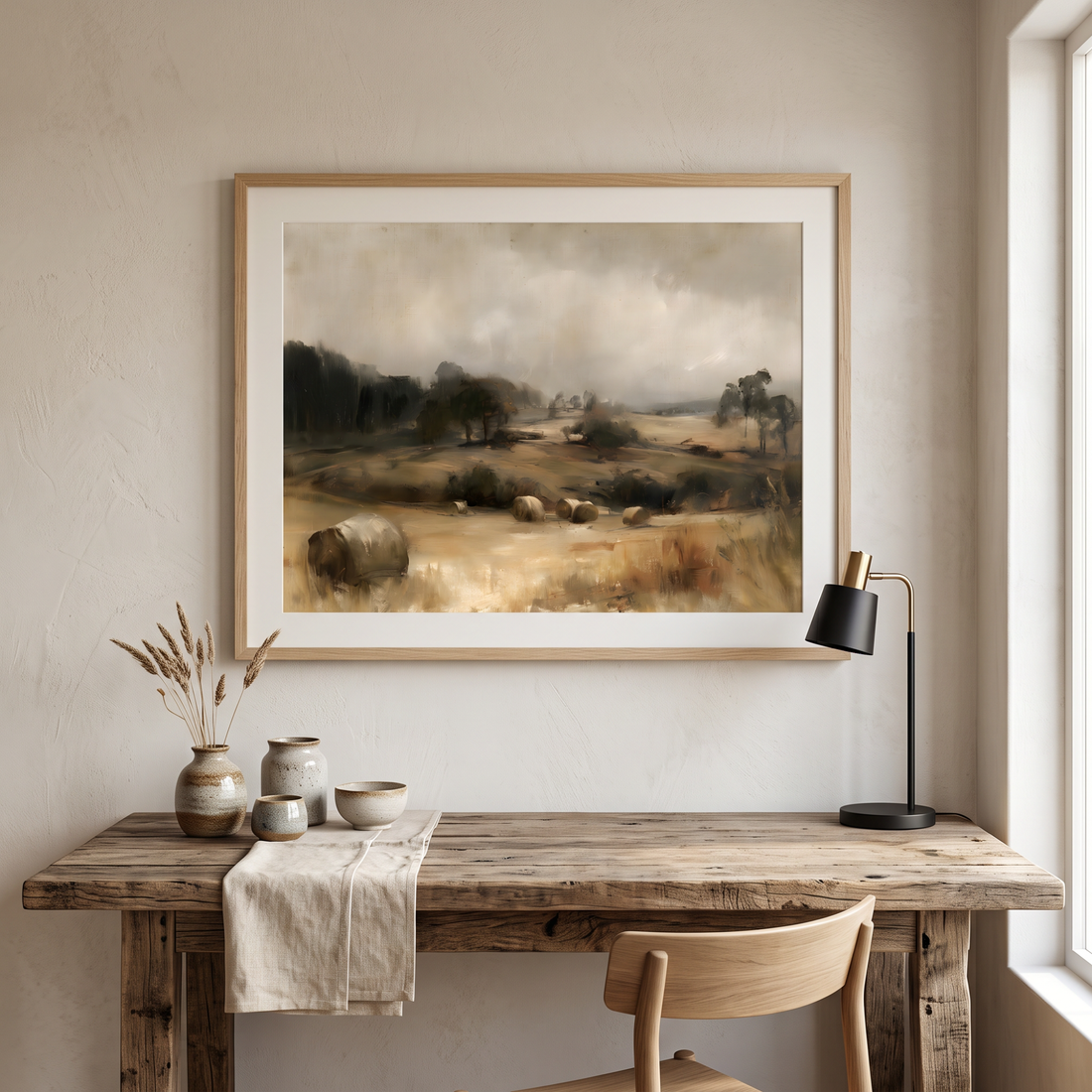 Moody vintage oil painting of a golden hayfield meadow under a stormy gray sky with distant trees