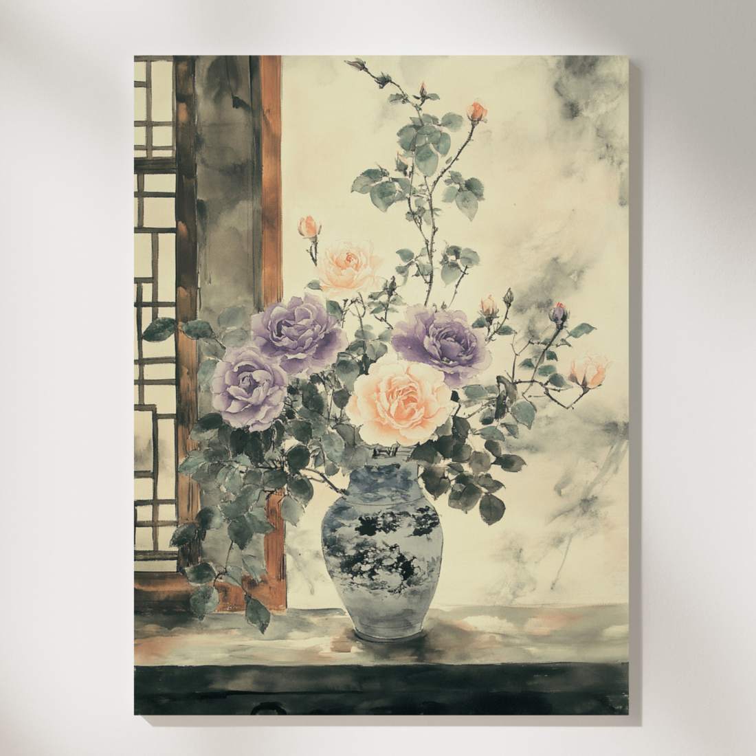 Ethereal Roses, East Asian Ink Wash Painting of Purple and Orange Blooms. High Resolution Digital Download 300 DPI