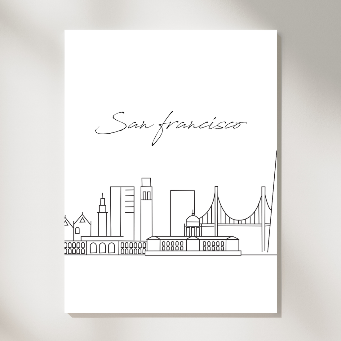 Iconic San Francisco Skyline, Minimalist Black and White Line Art Print. High Resolution Digital Download 300 DPI.