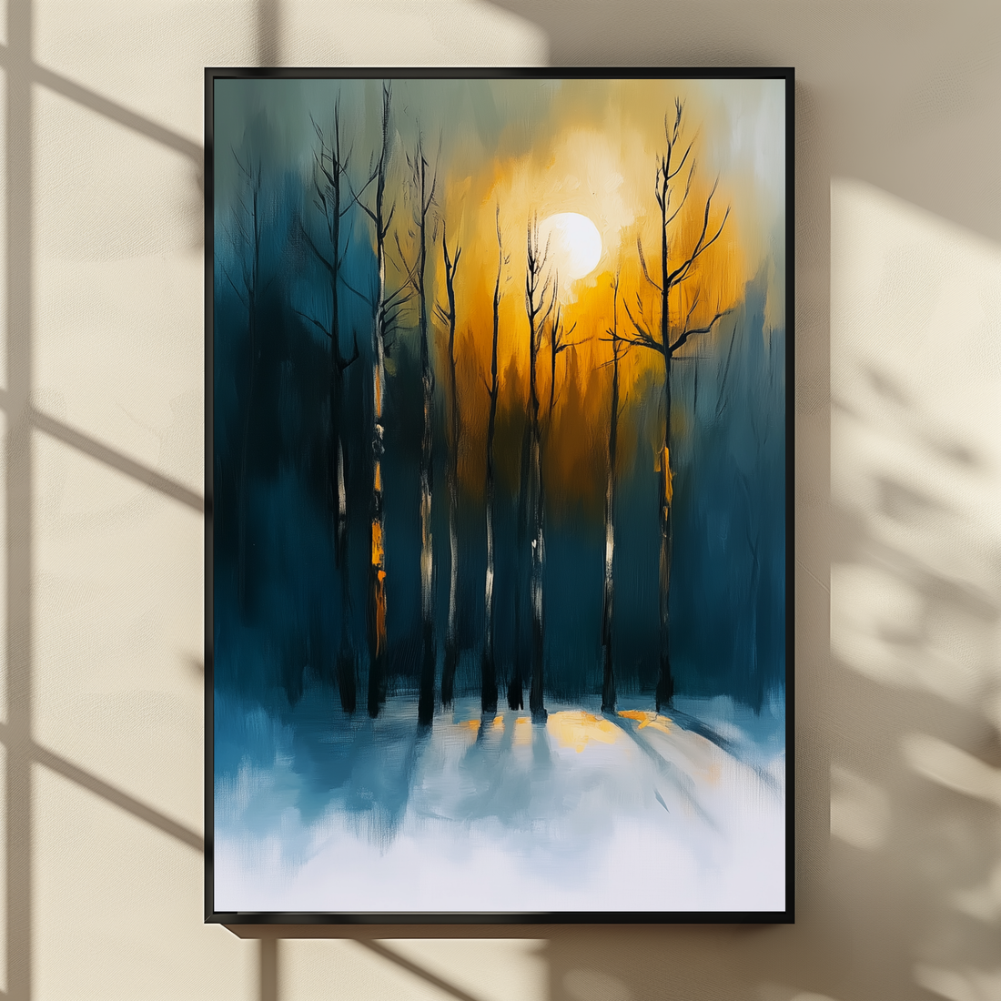 Realistic Blue Beige Trees Wall Art Moonlit Night Painting Print. High Resolution Digital Download 300 DPI.