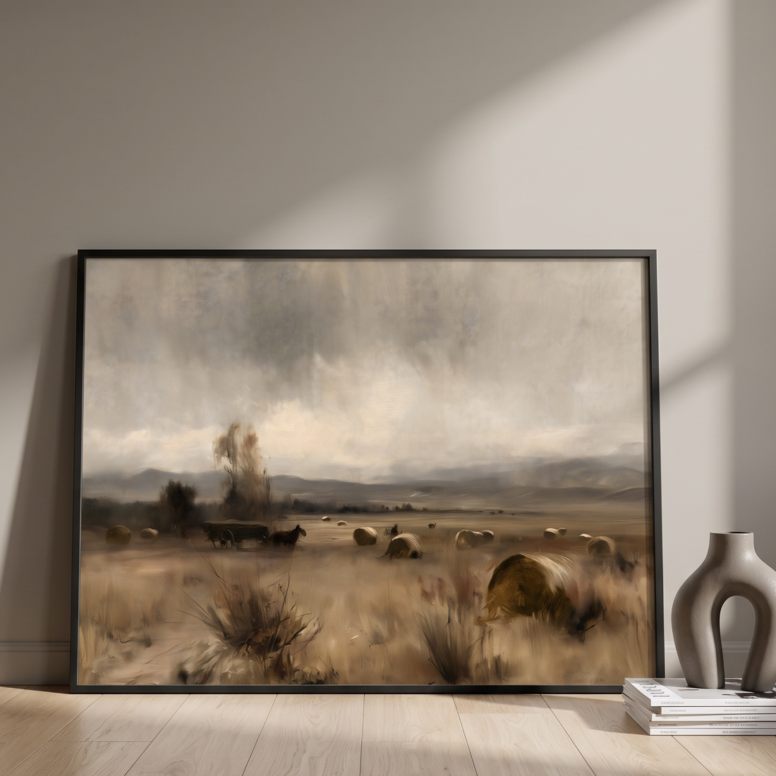 Vintage oil painting of a horse drawn hay wagon crossing a golden field under a soft cloudy sky