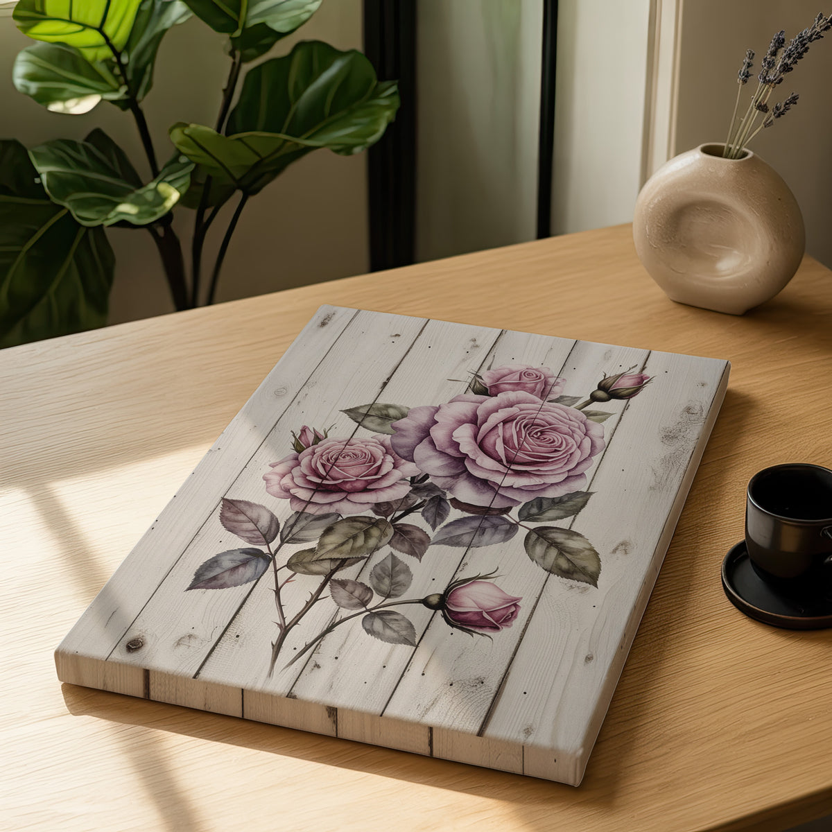 Roses on wood canvas lying on a table