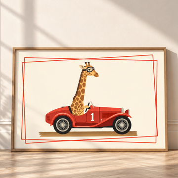 Giraffe Race Car Nursery Wall Art Kids Room Racing Decor. High Resolution Digital Download 300 DPI.