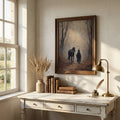 Witch and horse print above a white desk with a lamp
