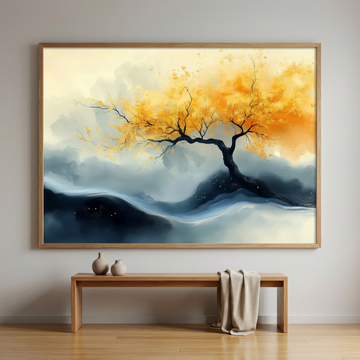 Golden Serenity, Twisted Tree Silhouette Against Misty Mountain Landscape. High Resolution Digital Download 300 DPI