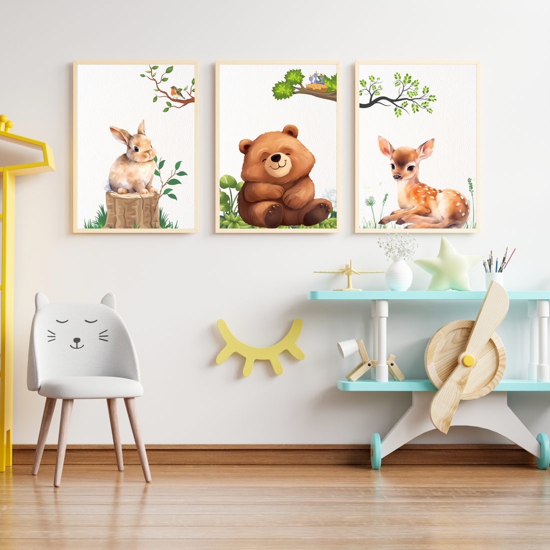 Enchanting Woodland Friends: Adorable Bear, Fawn, and Rabbit Wall Art Print. High Resolution Digital Download 300 DPI.